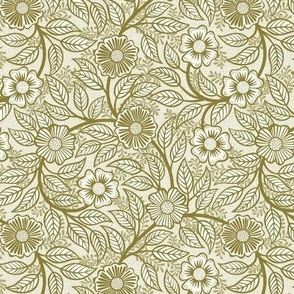 08 Soft Spring- Victorian Floral-Moss Green on Off White- Climbing Vine with Flowers- Petal Signature Solids - Earth Tones- Olive- Earthy Green- Mini
