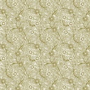 08 Soft Spring- Victorian Floral-Moss Green on Off White- Climbing Vine with Flowers- Petal Signature Solids - Earth Tones- Olive- Earthy Green- Micro