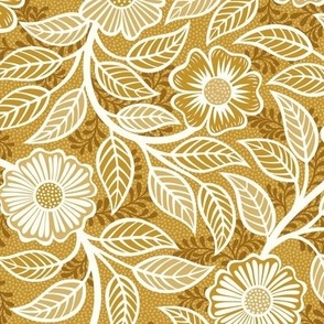 09 Soft Spring- Victorian Floral- Off White on Mustard Yellow- Climbing Vine with Flowers- Petal Signature Solids - Earth Tones- Gold- Golden- Ocher- Natural- William Morris- Small