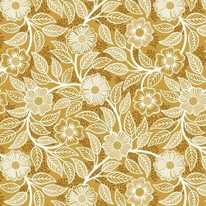 09 Soft Spring- Victorian Floral- Off White on Mustard Yellow- Climbing Vine with Flowers- Petal Signature Solids - Earth Tones- Gold- Golden- Ocher- Natural- William Morris- Mini