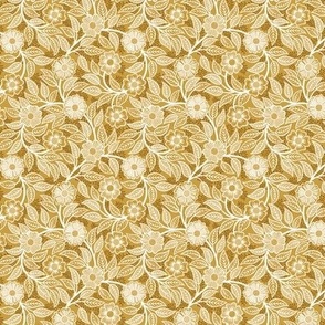 09 Soft Spring- Victorian Floral- Off White on Mustard Yellow- Climbing Vine with Flowers- Petal Signature Solids - Earth Tones- Gold- Golden- Ocher- Natural- William Morris- Micro