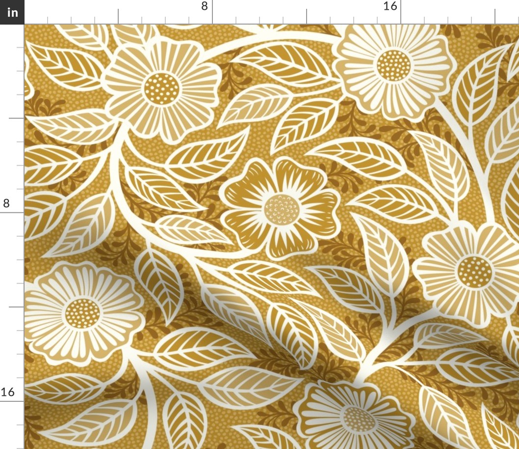 09 Soft Spring- Victorian Floral- Off White on Mustard Yellow- Climbing Vine with Flowers- Petal Signature Solids - Earth Tones- Gold- Golden- Ocher- Natural- William Morris Wallpaper- Large