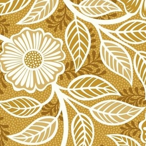 09 Soft Spring- Victorian Floral- Off White on Mustard Yellow- Climbing Vine with Flowers- Petal Signature Solids - Earth Tones- Gold- Golden- Ocher- Natural- William Morris Wallpaper- Medium