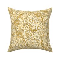 09 Soft Spring- Victorian Floral-Mustard Yellow on Off White- Climbing Vine with Flowers- Petal Signature Solids - Earth Tones- Gold- Golden- Ocher- Natural- William Morris- Small