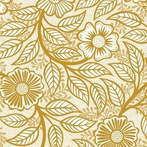 09 Soft Spring- Victorian Floral-Mustard Yellow on Off White- Climbing Vine with Flowers- Petal Signature Solids - Earth Tones- Gold- Golden- Ocher- Natural- William Morris- Small