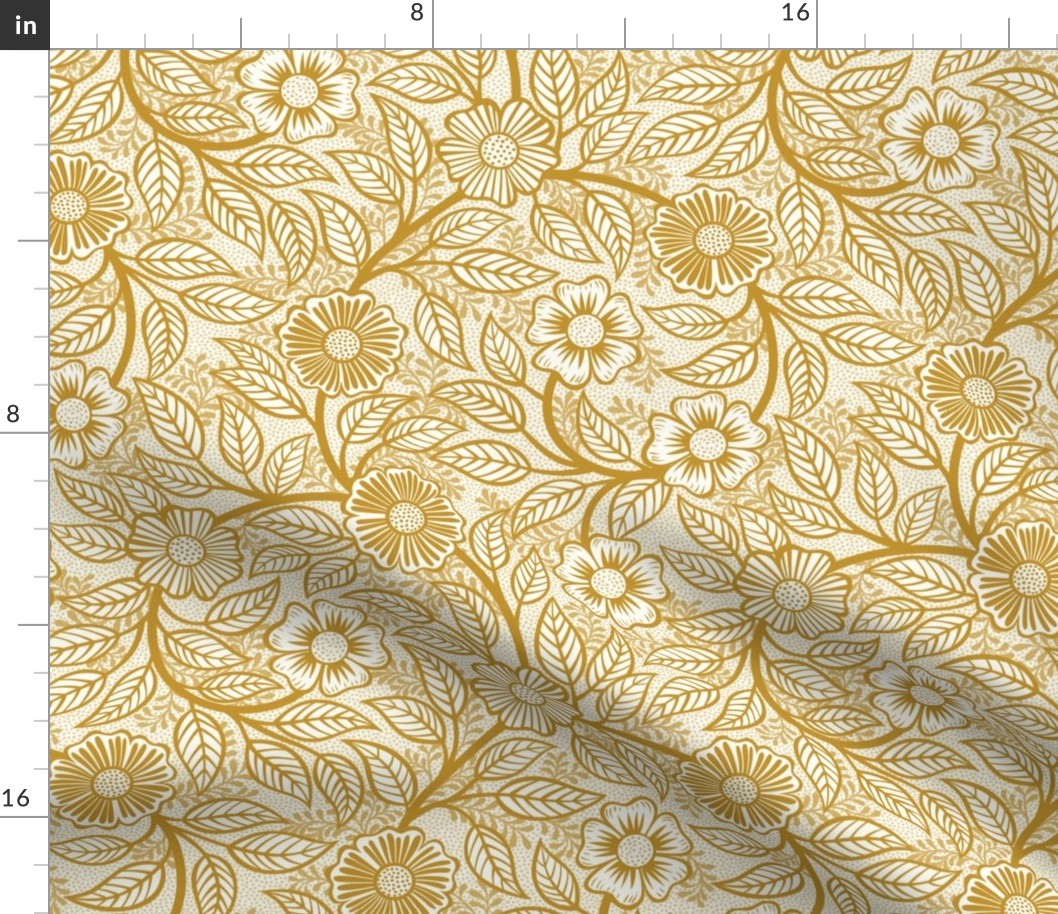 09 Soft Spring- Victorian Floral-Mustard Yellow on Off White- Climbing Vine with Flowers- Petal Signature Solids - Earth Tones- Gold- Golden- Ocher- Natural- William Morris- Small