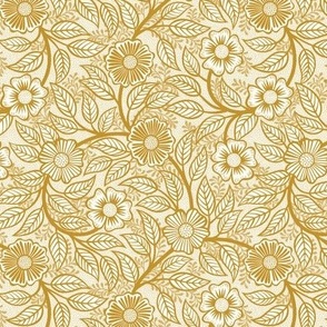 09 Soft Spring- Victorian Floral-Mustard Yellow on Off White- Climbing Vine with Flowers- Petal Signature Solids - Earth Tones- Gold- Golden- Ocher- Natural- William Morris sMini