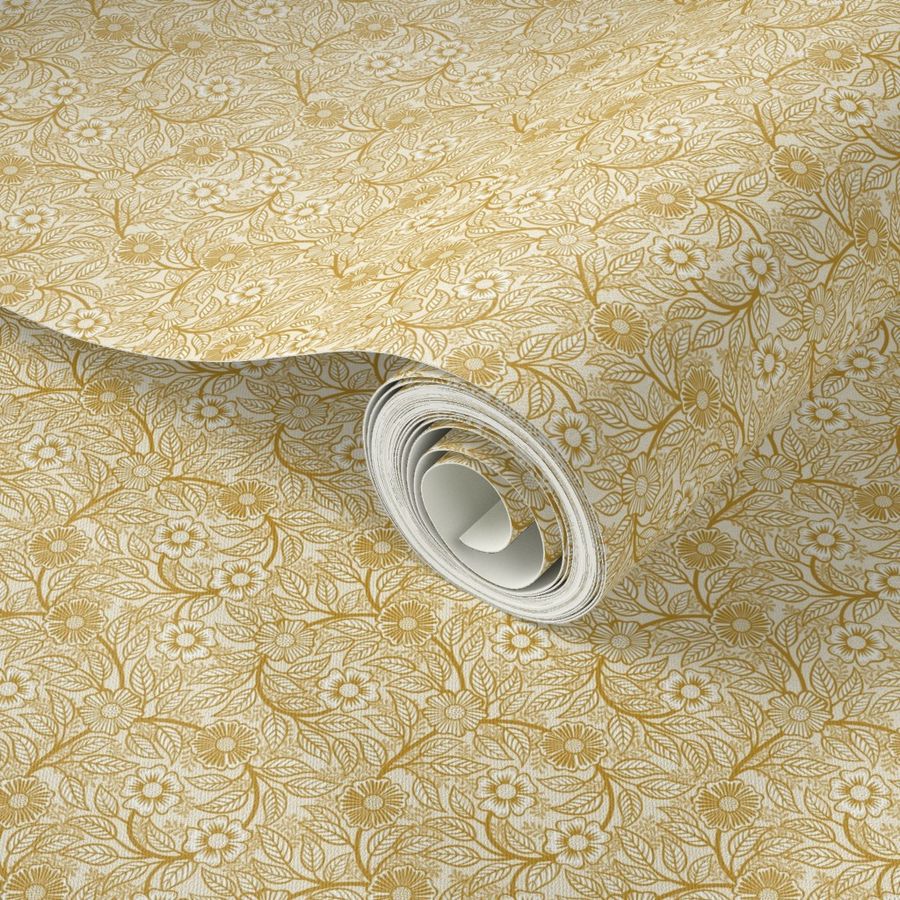 09 Soft Spring- Victorian Floral-Mustard Yellow on Off White- Climbing Vine with Flowers- Petal Signature Solids - Earth Tones- Gold- Golden- Ocher- Natural- William Morris- Micro