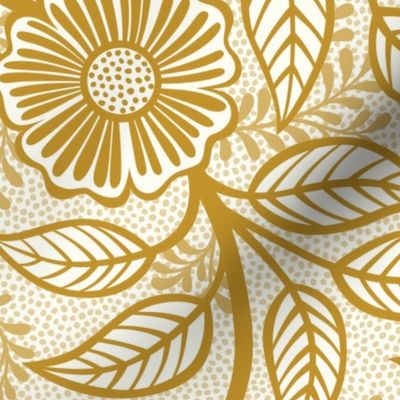 09 Soft Spring- Victorian Floral-Mustard Yellow on Off White- Climbing Vine with Flowers- Petal Signature Solids - Earth Tones- Gold- Golden- Ocher- Natural- William Morris Wallpaper- Large