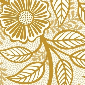 09 Soft Spring- Victorian Floral-Mustard Yellow on Off White- Climbing Vine with Flowers- Petal Signature Solids - Earth Tones- Gold- Golden- Ocher- Natural- William Morris Wallpaper- Large