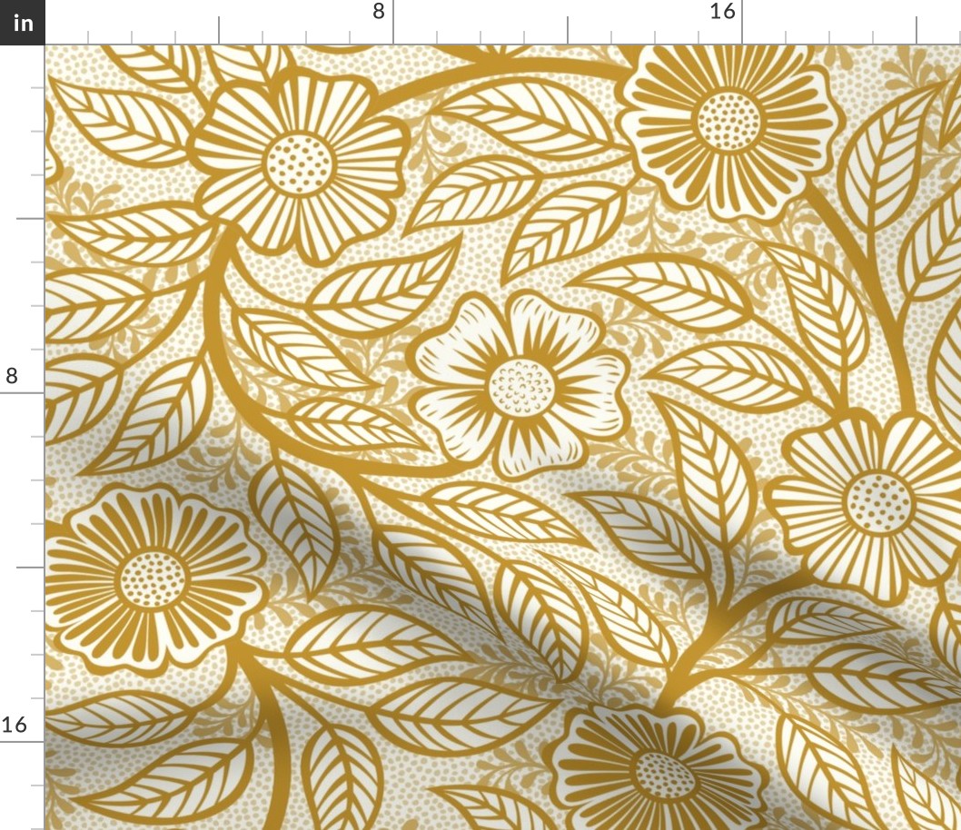 09 Soft Spring- Victorian Floral-Mustard Yellow on Off White- Climbing Vine with Flowers- Petal Signature Solids - Earth Tones- Gold- Golden- Ocher- Natural- William Morris Wallpaper- Large