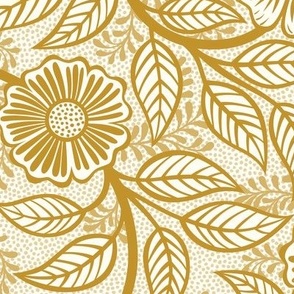 09 Soft Spring- Victorian Floral-Mustard Yellow on Off White- Climbing Vine with Flowers- Petal Signature Solids - Earth Tones- Gold- Golden- Ocher- Natural- William Morris Wallpaper- Medium