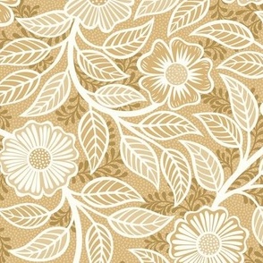 10 Soft Spring- Victorian Floral- Off White on Honey Mustard- Climbing Vine with Flowers- Petal Signature Solids - Earth Tones- Gold- Golden- Ocher- Natural- William Morris- Small