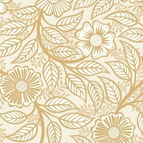 10 Soft Spring- Victorian Floral-Honey Mustard on Off White- Climbing Vine with Flowers- Petal Signature Solids - Earth Tones- Gold- Golden- Ocher- Natural- William Morris- Small