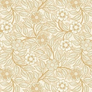 10 Soft Spring- Victorian Floral-Honey Mustard on Off White- Climbing Vine with Flowers- Petal Signature Solids - Earth Tones- Gold- Golden- Ocher- Natural- William Morris- Mini