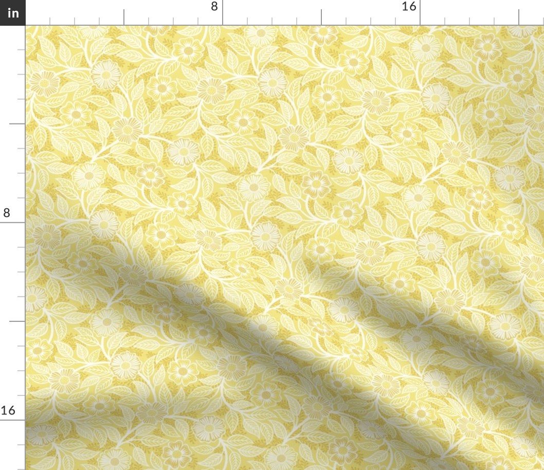 11 Soft Spring- Victorian Floral- Off White on Buttercup Yellow- Climbing Vine with Flowers- Petal Signature Solids - Bright Pastel- Gold- Golden-  Natural- William Morris- Mini