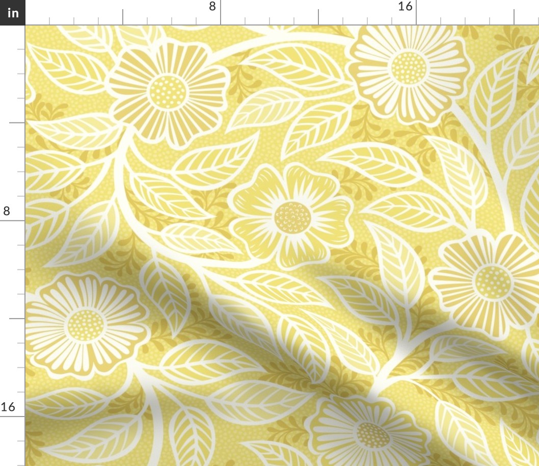 11 Soft Spring- Victorian Floral- Off White on Buttercup Yellow- Climbing Vine with Flowers- Petal Signature Solids - Bright Pastel- Gold- Golden-  Natural- William Morris Wallpaper- Large