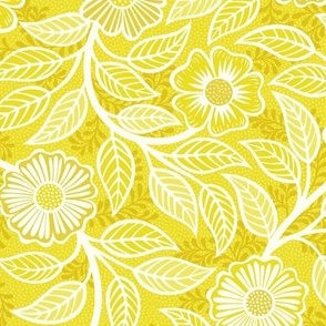 12 Soft Spring- Victorian Floral- Off White on Lemon Lime- Climbing Vine with Flowers- Petal Signature Solids - Bright Yellow- Gold- Golden- Natural- William Morris- Small