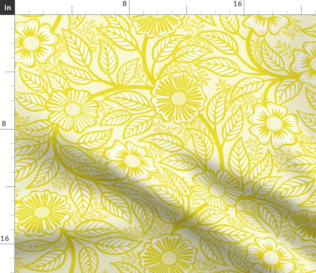 12 Soft Spring- Victorian Floral-Lemon Lime Yellow on Off White- Climbing Vine with Flowers- Petal Signature Solids - Bright Yellow- Gold- Golden- Natural- William Morris Wallpaper- Medium