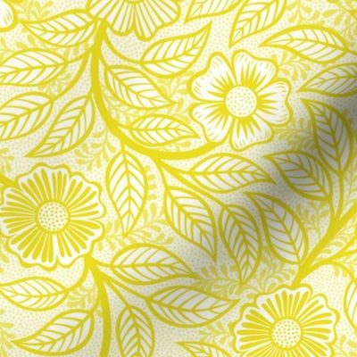 12 Soft Spring- Victorian Floral-Lemon Lime Yellow on Off White- Climbing Vine with Flowers- Petal Signature Solids - Bright Yellow- Gold- Golden- Natural- William Morris Wallpaper- Small