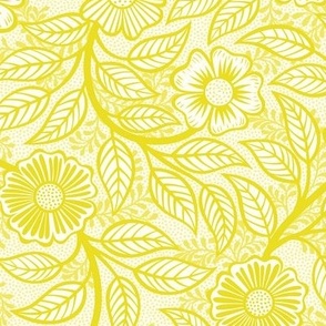 12 Soft Spring- Victorian Floral-Lemon Lime Yellow on Off White- Climbing Vine with Flowers- Petal Signature Solids - Bright Yellow- Gold- Golden- Natural- William Morris Wallpaper- Small