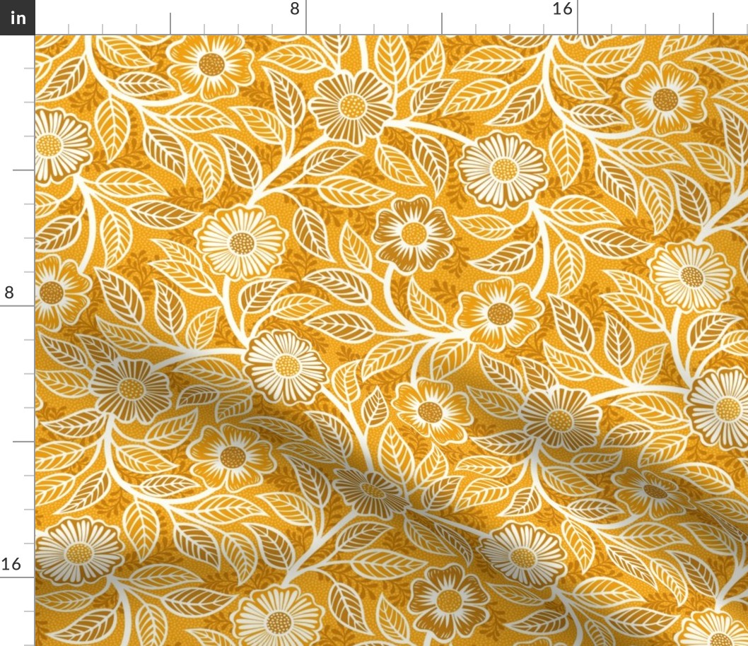 13 Soft Spring- Victorian Floral- Off White on Marigold Orange- Climbing Vine with Flowers- Petal Signature Solids - Bright Orange- Gold- Golden- Natural- William Morris Wallpaper- Small