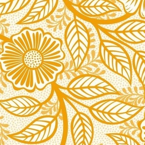 13 Soft Spring- Victorian Floral-Marigold Orange on Off White- Climbing Vine with Flowers- Petal Signature Solids - Bright Orange- Gold- Golden- Natural- William Morris Wallpaper- Medium