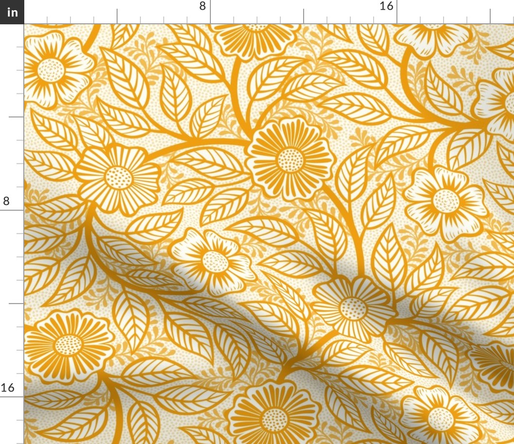 13 Soft Spring- Victorian Floral-Marigold Orange on Off White- Climbing Vine with Flowers- Petal Signature Solids - Bright Orange- Gold- Golden- Natural- William Morris Wallpaper- Medium