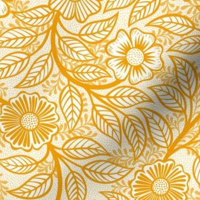 13 Soft Spring- Victorian Floral-Marigold Orange on Off White- Climbing Vine with Flowers- Petal Signature Solids - Bright Orange- Gold- Golden- Natural- William Morris Wallpaper- Small