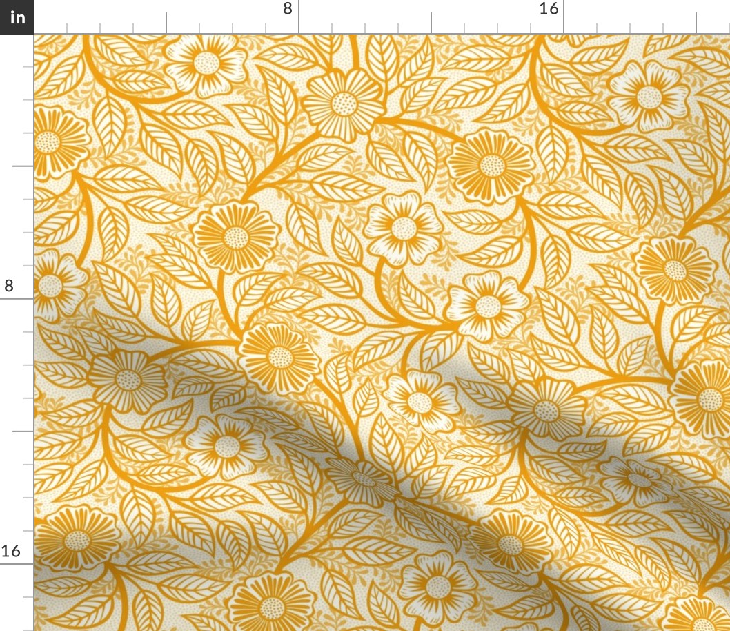 13 Soft Spring- Victorian Floral-Marigold Orange on Off White- Climbing Vine with Flowers- Petal Signature Solids - Bright Orange- Gold- Golden- Natural- William Morris Wallpaper- Small
