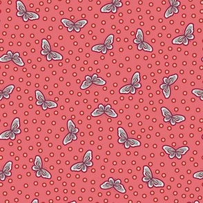 Bright coral polka dot pattern with simple turquoise butterflies flying around - mid size.