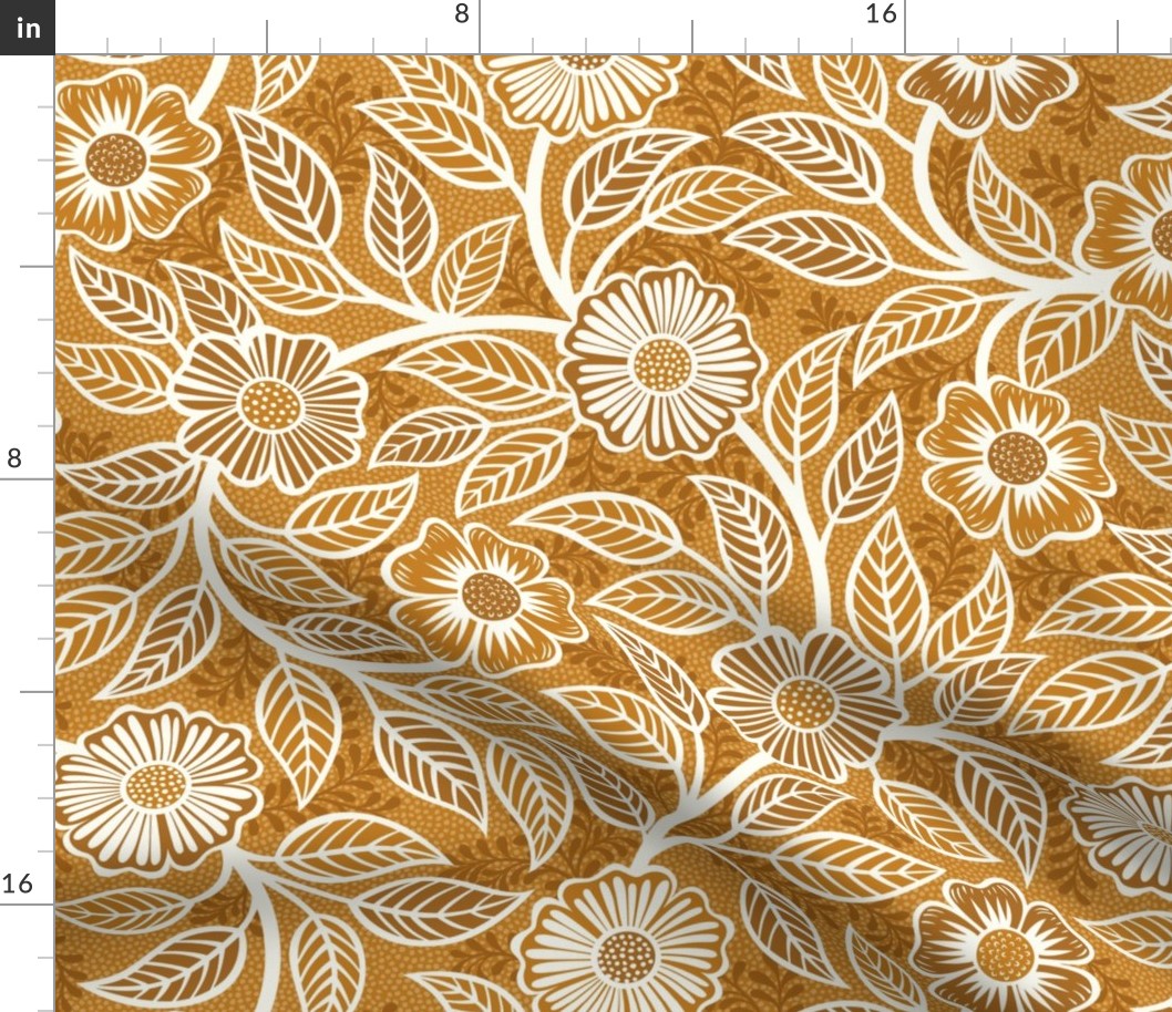 15 Soft Spring- Victorian Floral- Off White on Desert Sun Mustard- Climbing Vine with Flowers- Petal Signature Solids - Earth Tones- Gold- Golden- Ocher- Natural- Medium