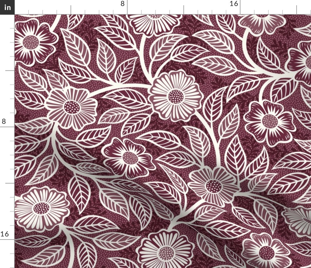16 Soft Spring- Victorian Floral- Off White on Wine- Climbing Vine with Flowers- Petal Signature Solids - Earth Tones- Burgundy- Dark Red- Natural- William Morris Wallpaper- Medium
