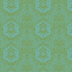 Novelty Damask Statement Print - blue and green.