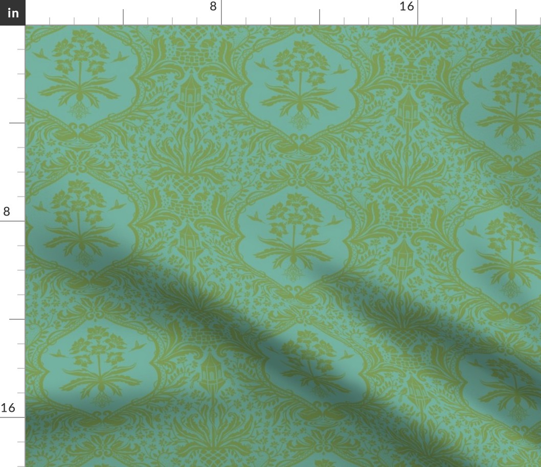 Novelty Damask Statement Print - blue and green.
