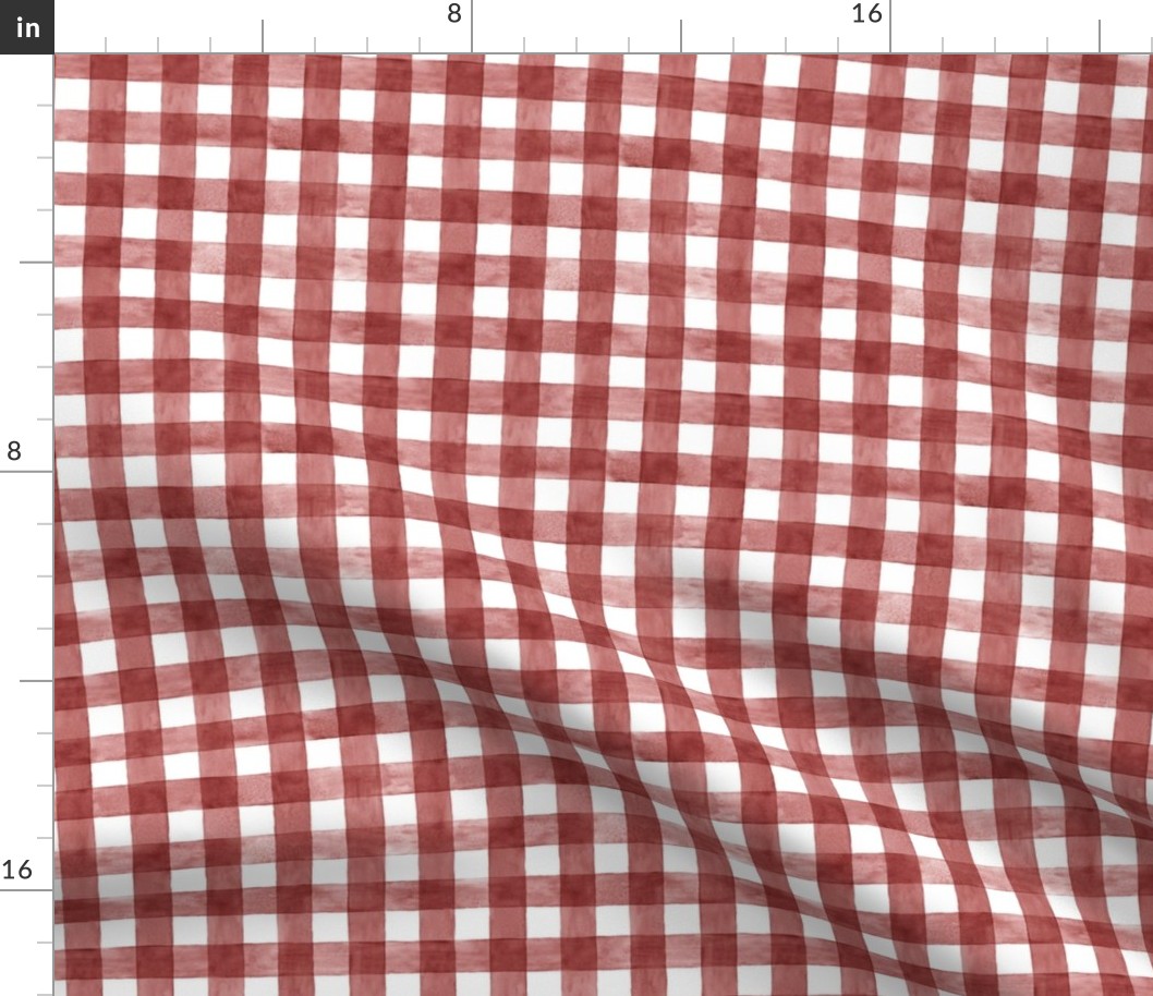 Brick Red Watercolor Gingham - Small Scale - Maroon Oxblood Checkers Buffalo Plaid Checkers Picnic