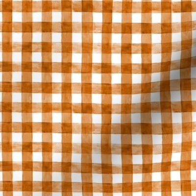 Burnt Orange Watercolor Gingham - Ditsy Scale -  Marmalade or Bronze Orange Checkers Buffalo Plaid Checkers