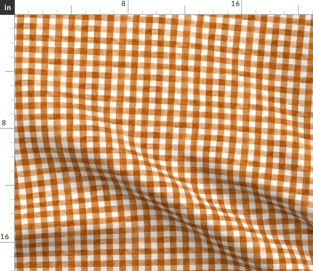 Burnt Orange Watercolor Gingham - Ditsy Scale -  Marmalade or Bronze Orange Checkers Buffalo Plaid Checkers