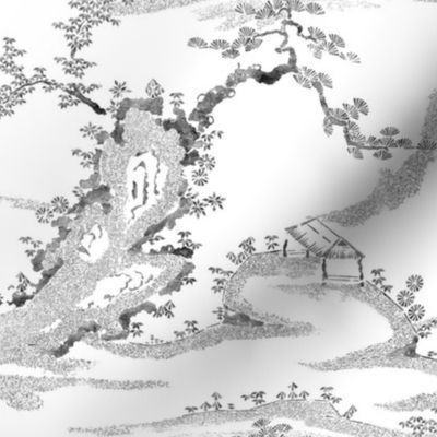 Chinese Mountains & Trees - Monochrome White Ground