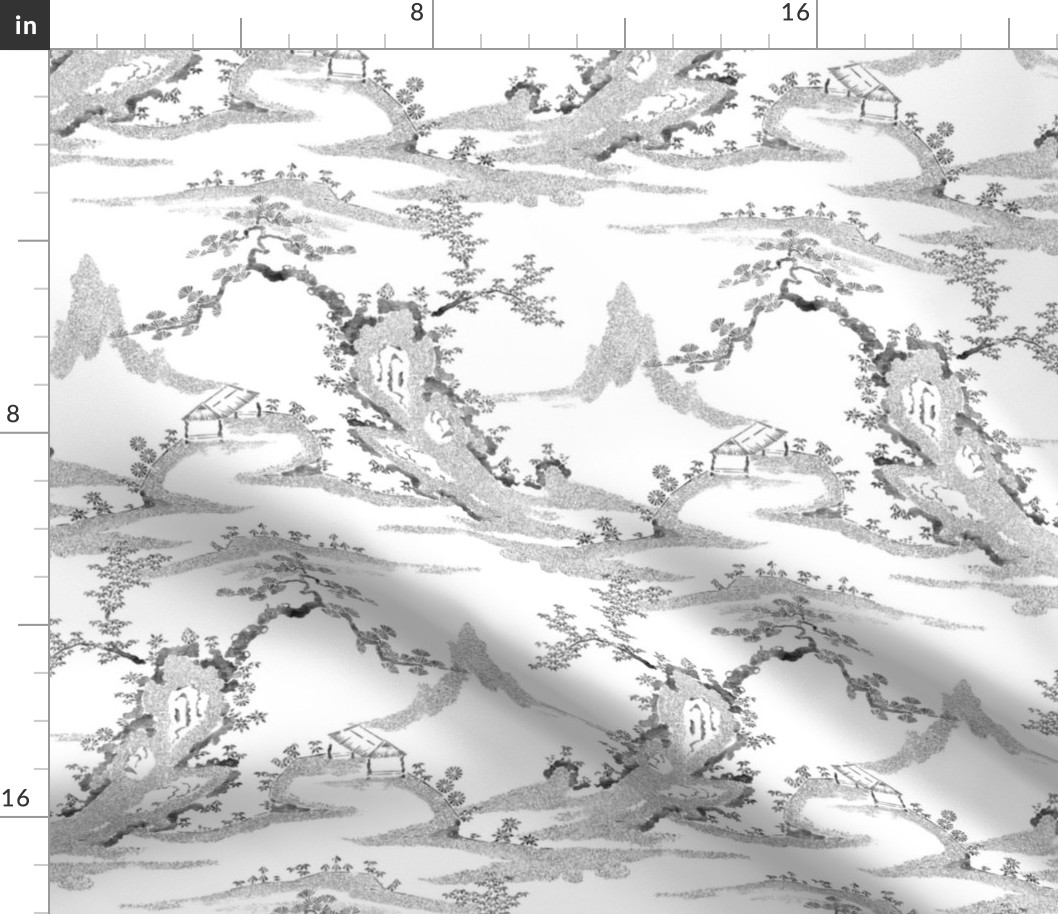 Chinese Mountains & Trees - Monochrome White Ground