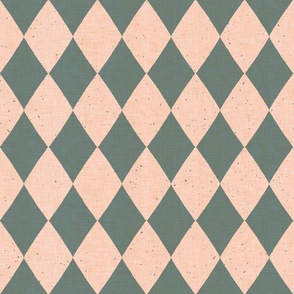 Classic diamond​,​ harlequin pattern in dark green on a tan background with vintage linen texture