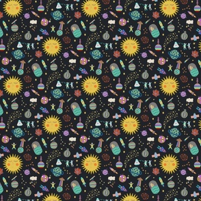 Colorful galaxy and space themed novelty print for kids room wall paper - cartoon style on black - small scale .