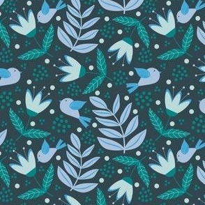 Birds and Flowers with Dots in Blues and Greens // 4x4