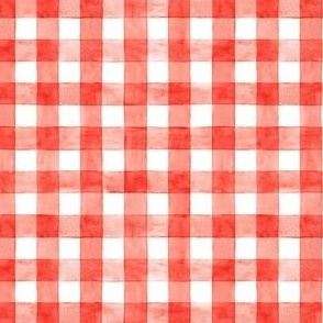 Bright Red Watercolor Gingham - Ditsy Scale -  Scarlet Vermilion Perylene Red Checkers Buffalo Plaid Checkers