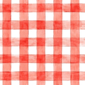 Bright Red Watercolor Gingham - Medium Scale -  Scarlet Vermilion Perylene Red Checkers Buffalo Plaid Checkers