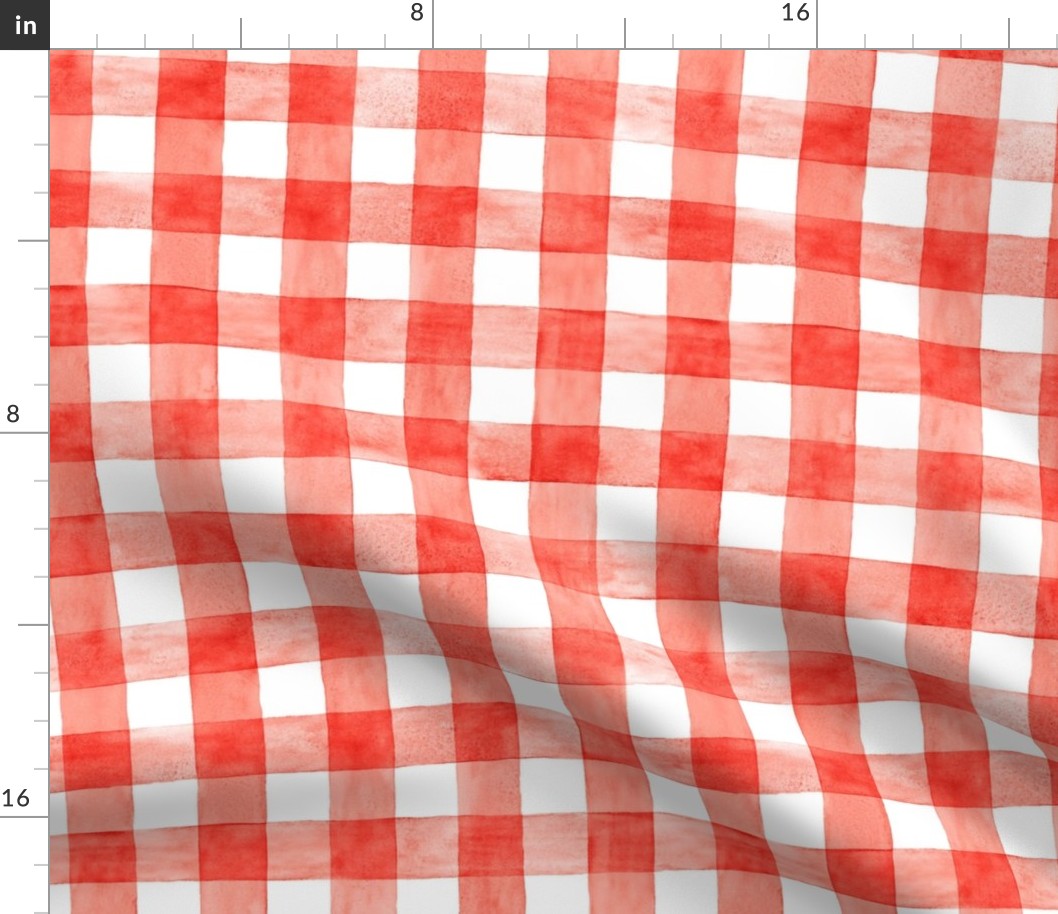 Bright Red Watercolor Gingham - Medium Scale -  Scarlet Vermilion Perylene Red Checkers Buffalo Plaid Checkers