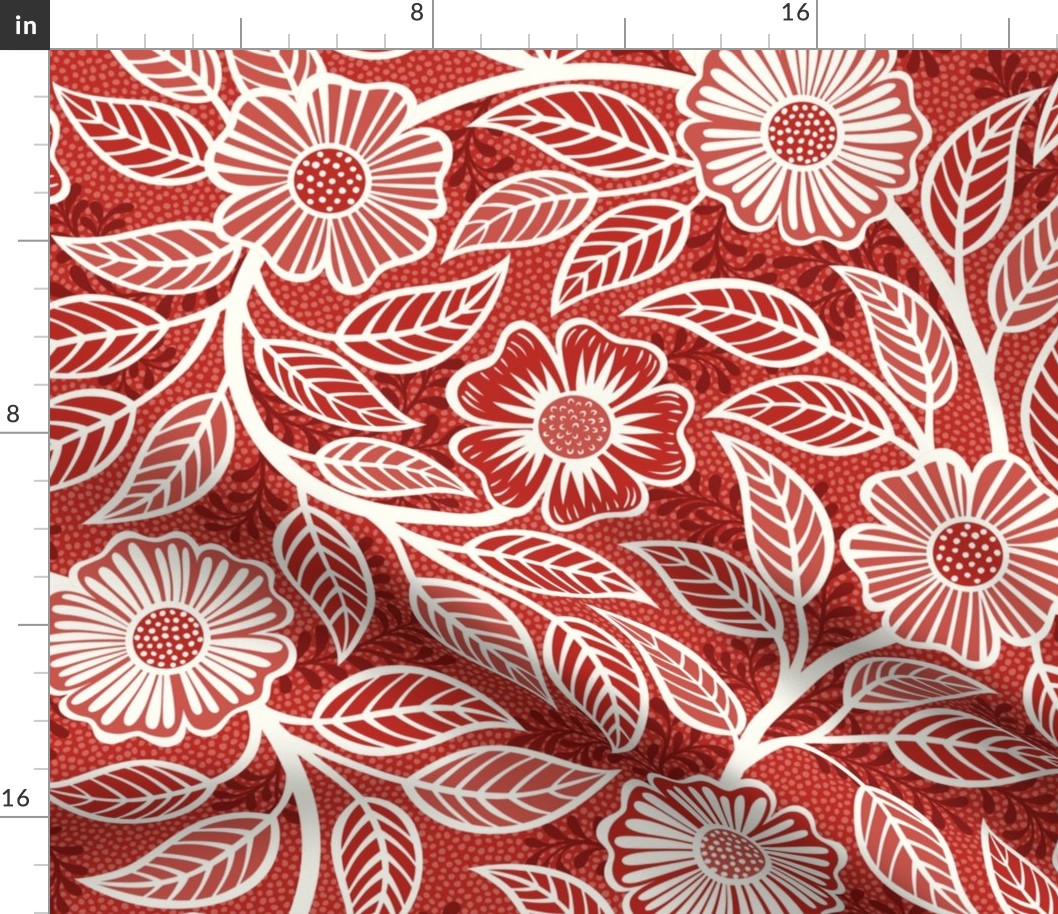 17 Soft Spring- Victorian Floral- Off White on Poppy Red- Climbing Vine with Flowers- Petal Signature Solids - Victorian Christmas- Hollidays- Natural- William Morris Wallpaper- Large