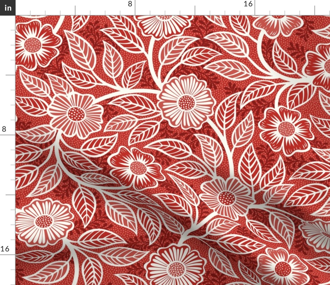 17 Soft Spring- Victorian Floral- Off White on Poppy Red- Climbing Vine with Flowers- Petal Signature Solids - Victorian Christmas- Hollidays- Natural- William Morris Wallpaper- Medium