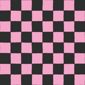 Hand Drawn Checkers 1" {Carnation Pink and Dark Charcoal} 90s Aesthetic Imperfect Check