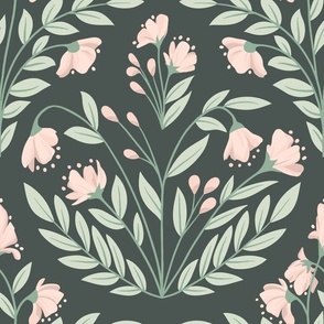 Fables // Enchanted Garden Blooms // Rose Pink, Sage Green on Charcoal // JUMBO 